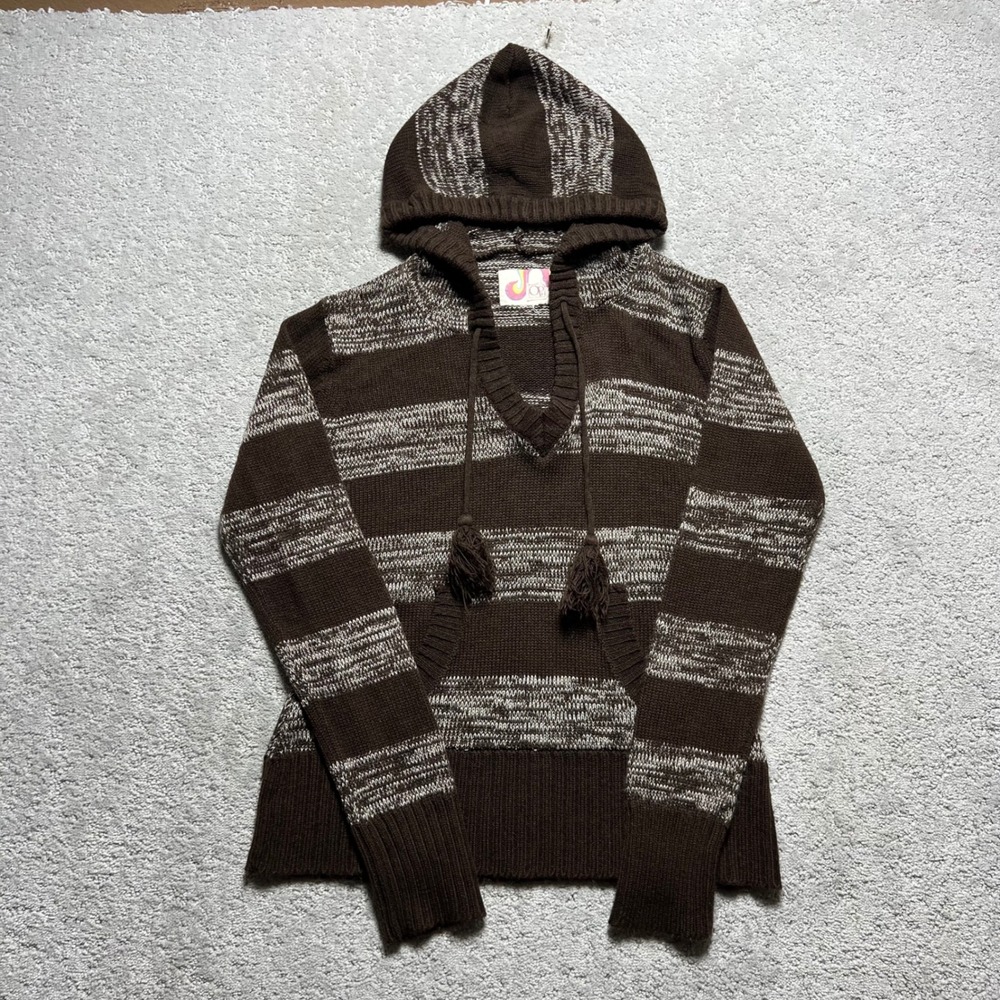 OP Ocean Pacific Hoodie Sweater Womens L?? Brown Striped Knit Tassel V-Neck Y2k
